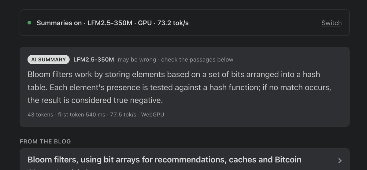 LFM2.5-350M explaining Bloom filters as a hash table with &ldquo;true negatives&rdquo;